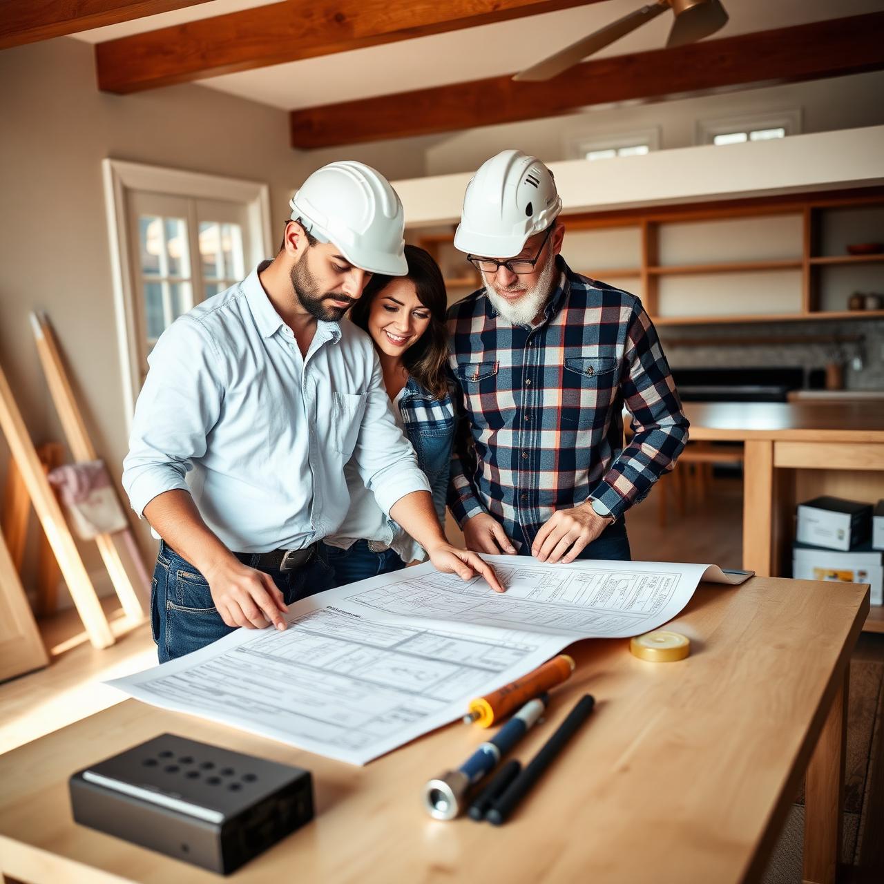 Échange entre un entrepreneur et des propriétaires sur les plans de rénovation