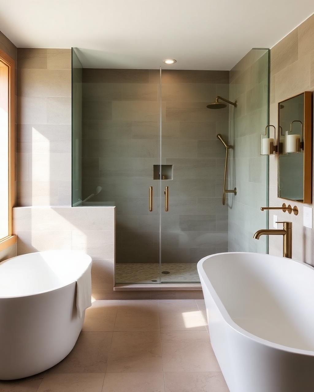 Salle de bain moderne avec douche vitrée et baignoire autoportante
